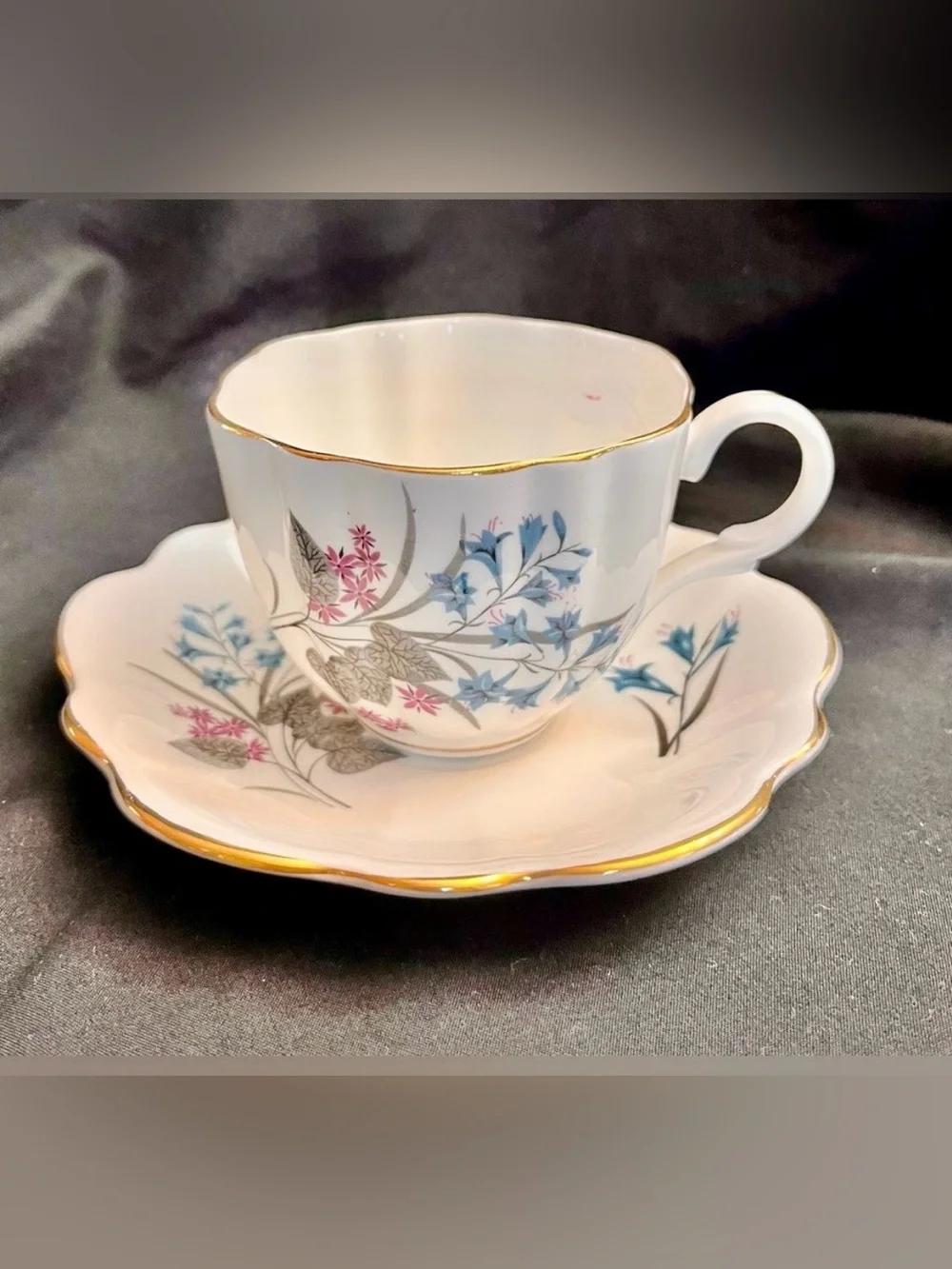 Vintage English Castle 22K Gold Trim Blue Lily Bone China Teacup Saucer Set Tea